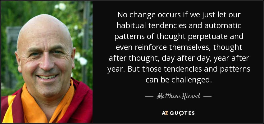 No change occurs if we just let our habitual tendencies and automatic patterns of thought perpetuate and even reinforce themselves, thought after thought, day after day, year after year. But those tendencies and patterns can be challenged. - Matthieu Ricard