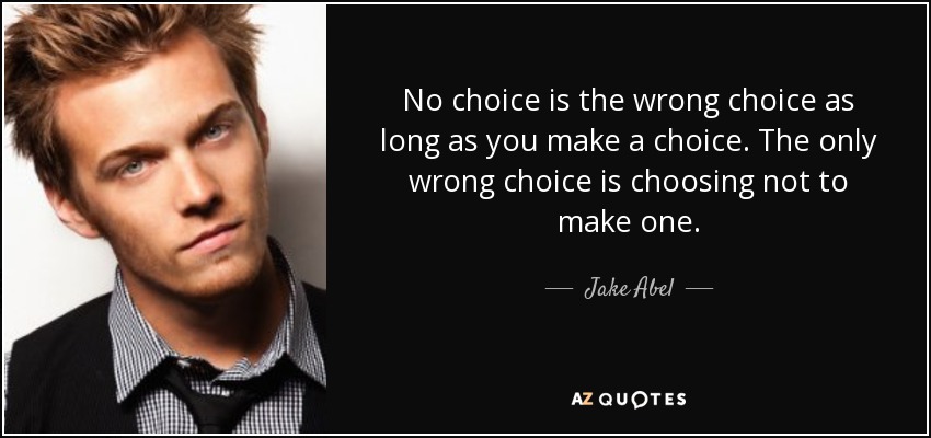 No choice is the wrong choice as long as you make a choice. The only wrong choice is choosing not to make one. - Jake Abel