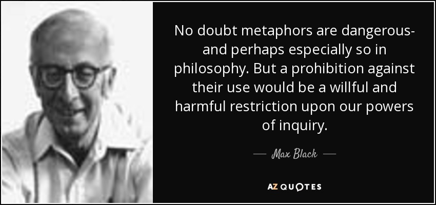 No doubt metaphors are dangerous- and perhaps especially so in philosophy. But a prohibition against their use would be a willful and harmful restriction upon our powers of inquiry. - Max Black