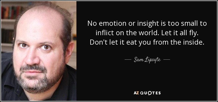 No emotion or insight is too small to inflict on the world. Let it all fly. Don't let it eat you from the inside. - Sam Lipsyte