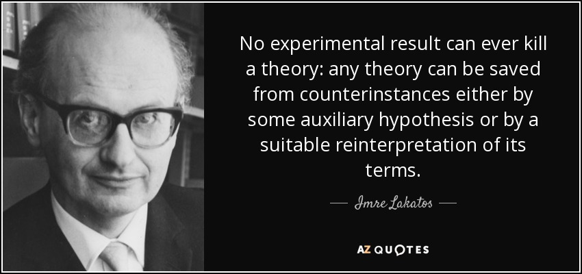 No experimental result can ever kill a theory: any theory can be saved from counterinstances either by some auxiliary hypothesis or by a suitable reinterpretation of its terms. - Imre Lakatos