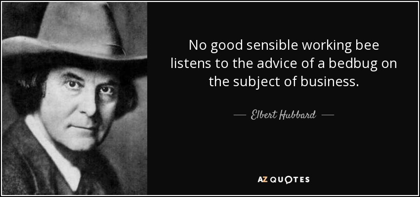 No good sensible working bee listens to the advice of a bedbug on the subject of business. - Elbert Hubbard