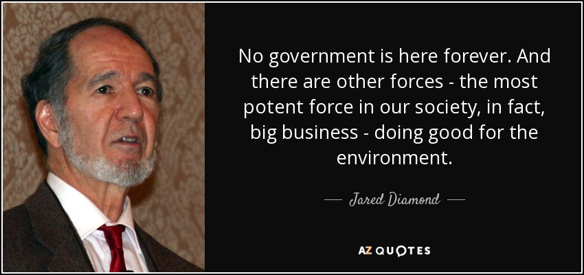 No government is here forever. And there are other forces - the most potent force in our society, in fact, big business - doing good for the environment. - Jared Diamond