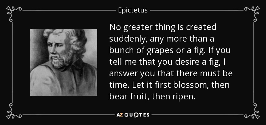 No greater thing is created suddenly, any more than a bunch of grapes or a fig. If you tell me that you desire a fig, I answer you that there must be time. Let it first blossom, then bear fruit, then ripen. - Epictetus