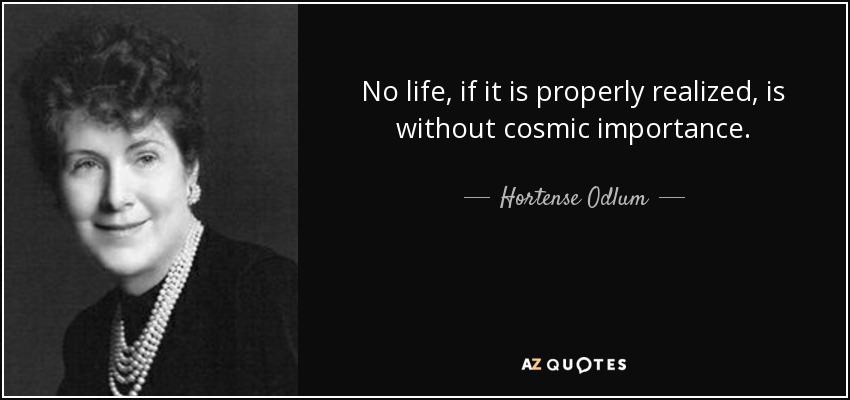 No life, if it is properly realized, is without cosmic importance. - Hortense Odlum