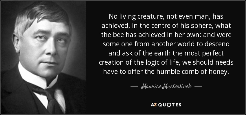 No living creature, not even man, has achieved, in the centre of his sphere, what the bee has achieved in her own: and were some one from another world to descend and ask of the earth the most perfect creation of the logic of life, we should needs have to offer the humble comb of honey. - Maurice Maeterlinck