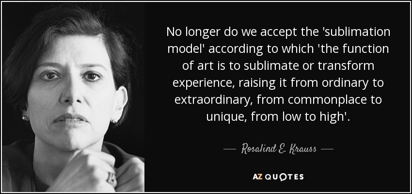 No longer do we accept the 'sublimation model' according to which 'the function of art is to sublimate or transform experience, raising it from ordinary to extraordinary, from commonplace to unique, from low to high'. - Rosalind E. Krauss