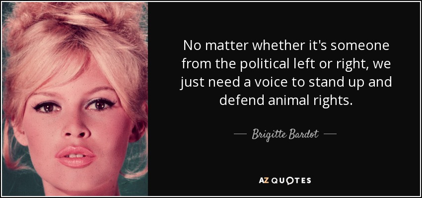 No matter whether it's someone from the political left or right, we just need a voice to stand up and defend animal rights. - Brigitte Bardot