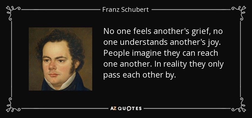 No one feels another's grief, no one understands another's joy. People imagine they can reach one another. In reality they only pass each other by. - Franz Schubert