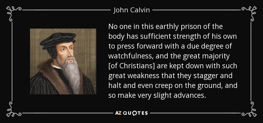 No one in this earthly prison of the body has sufficient strength of his own to press forward with a due degree of watchfulness, and the great majority [of Christians] are kept down with such great weakness that they stagger and halt and even creep on the ground, and so make very slight advances. - John Calvin