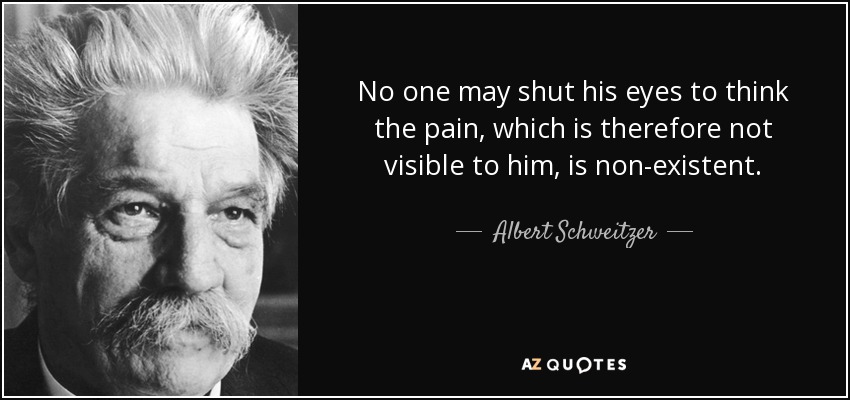 No one may shut his eyes to think the pain, which is therefore not visible to him, is non-existent. - Albert Schweitzer