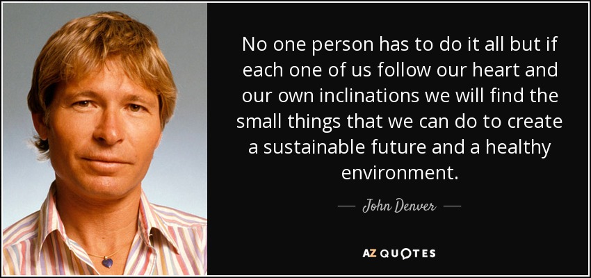 No one person has to do it all but if each one of us follow our heart and our own inclinations we will find the small things that we can do to create a sustainable future and a healthy environment. - John Denver