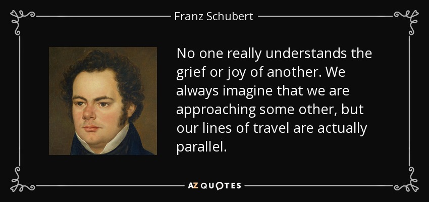 No one really understands the grief or joy of another. We always imagine that we are approaching some other, but our lines of travel are actually parallel. - Franz Schubert