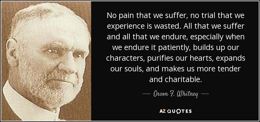 No pain that we suffer, no trial that we experience is wasted. All that we suffer and all that we endure, especially when we endure it patiently, builds up our characters, purifies our hearts, expands our souls, and makes us more tender and charitable. - Orson F. Whitney