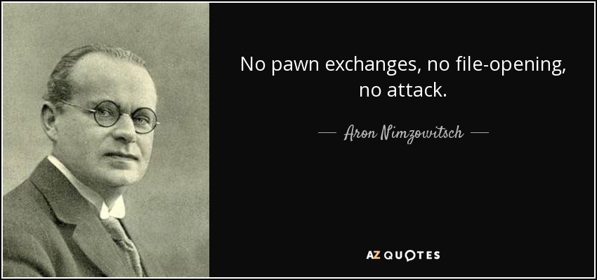 No pawn exchanges, no file-opening, no attack. - Aron Nimzowitsch
