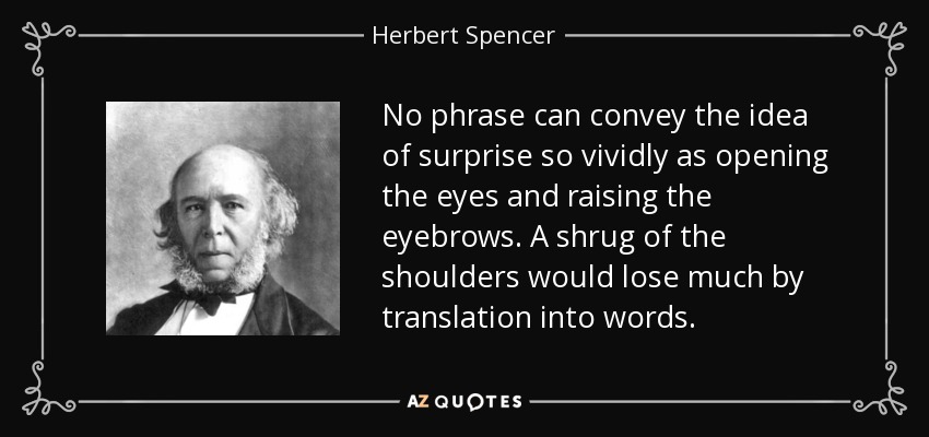 No phrase can convey the idea of surprise so vividly as opening the eyes and raising the eyebrows. A shrug of the shoulders would lose much by translation into words. - Herbert Spencer