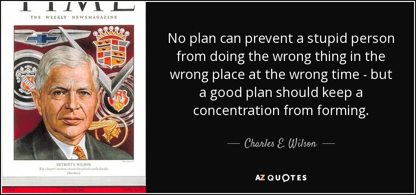 No plan can prevent a stupid person from doing the wrong thing in the wrong place at the wrong time - but a good plan should keep a concentration from forming. - Charles E. Wilson