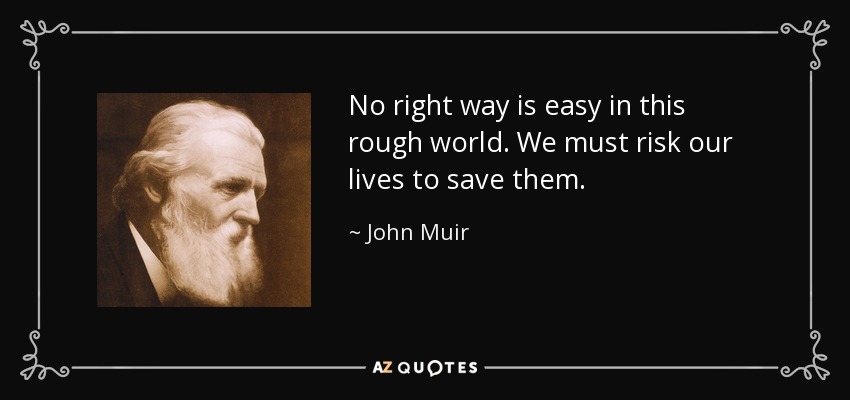 No right way is easy in this rough world. We must risk our lives to save them. - John Muir