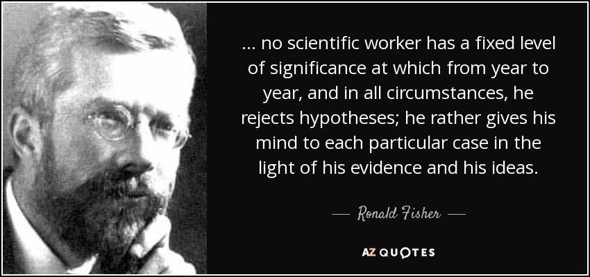 ... no scientific worker has a fixed level of significance at which from year to year, and in all circumstances, he rejects hypotheses; he rather gives his mind to each particular case in the light of his evidence and his ideas. - Ronald Fisher