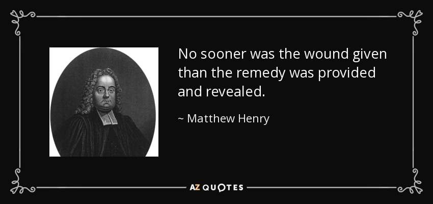 No sooner was the wound given than the remedy was provided and revealed. - Matthew Henry