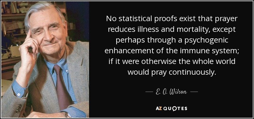 No statistical proofs exist that prayer reduces illness and mortality, except perhaps through a psychogenic enhancement of the immune system; if it were otherwise the whole world would pray continuously. - E. O. Wilson