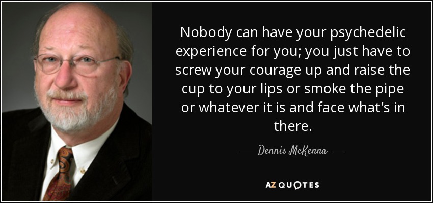 Nobody can have your psychedelic experience for you; you just have to screw your courage up and raise the cup to your lips or smoke the pipe or whatever it is and face what's in there. - Dennis McKenna