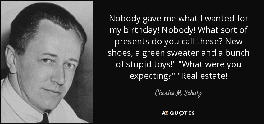 Nobody gave me what I wanted for my birthday! Nobody! What sort of presents do you call these? New shoes, a green sweater and a bunch of stupid toys!