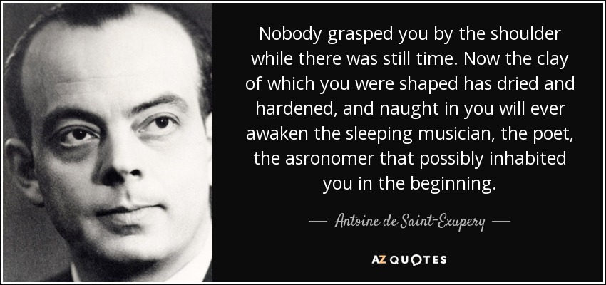 Nobody grasped you by the shoulder while there was still time. Now the clay of which you were shaped has dried and hardened, and naught in you will ever awaken the sleeping musician, the poet, the asronomer that possibly inhabited you in the beginning. - Antoine de Saint-Exupery