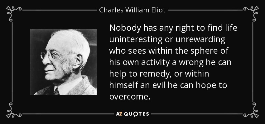 Nobody has any right to find life uninteresting or unrewarding who sees within the sphere of his own activity a wrong he can help to remedy, or within himself an evil he can hope to overcome. - Charles William Eliot