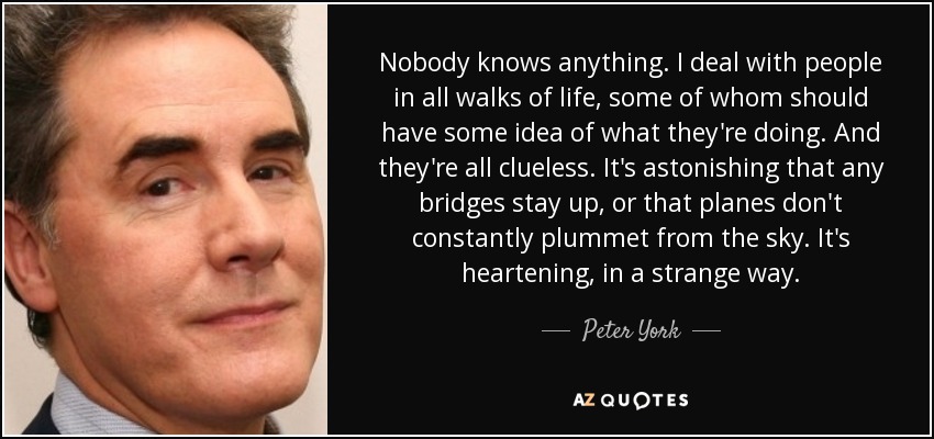 Nobody knows anything. I deal with people in all walks of life, some of whom should have some idea of what they're doing. And they're all clueless. It's astonishing that any bridges stay up, or that planes don't constantly plummet from the sky. It's heartening, in a strange way. - Peter York
