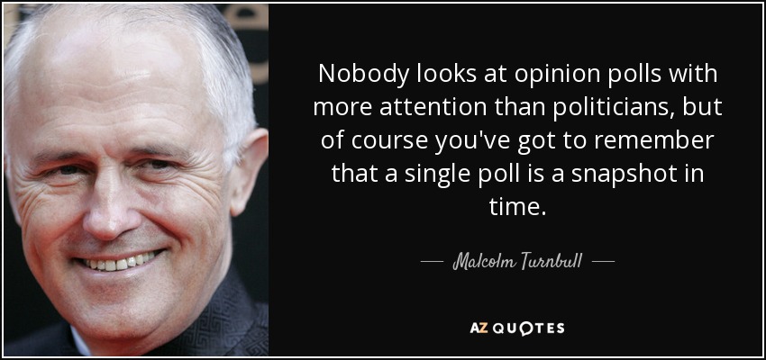 Nobody looks at opinion polls with more attention than politicians, but of course you've got to remember that a single poll is a snapshot in time. - Malcolm Turnbull