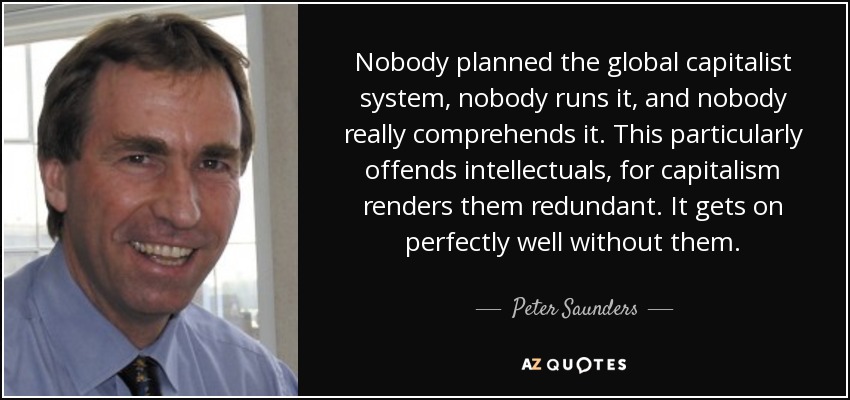 Nobody planned the global capitalist system, nobody runs it, and nobody really comprehends it. This particularly offends intellectuals, for capitalism renders them redundant. It gets on perfectly well without them. - Peter Saunders