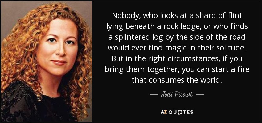 Nobody, who looks at a shard of flint lying beneath a rock ledge, or who finds a splintered log by the side of the road would ever find magic in their solitude. But in the right circumstances, if you bring them together, you can start a fire that consumes the world. - Jodi Picoult