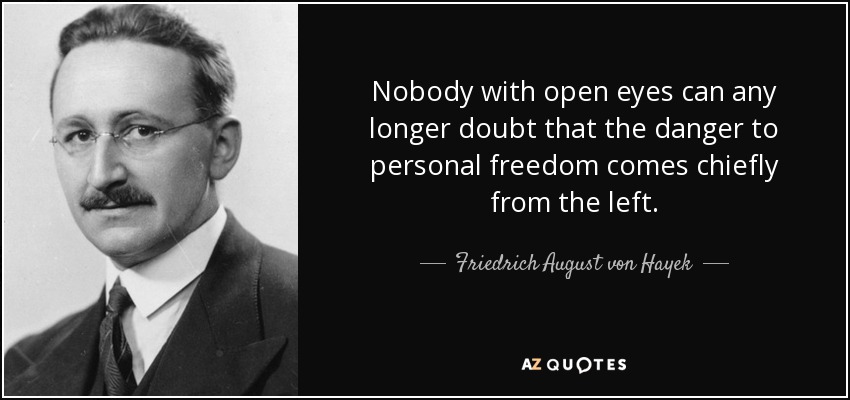 Nobody with open eyes can any longer doubt that the danger to personal freedom comes chiefly from the left. - Friedrich August von Hayek