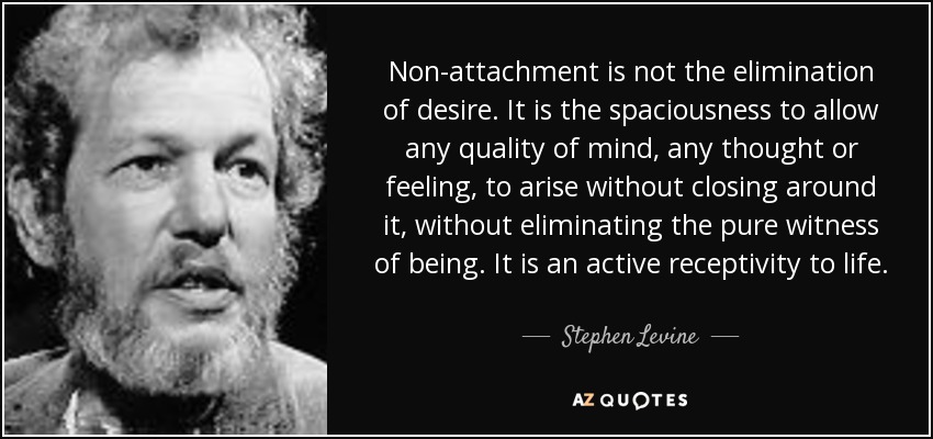 Non-attachment is not the elimination of desire. It is the spaciousness to allow any quality of mind, any thought or feeling, to arise without closing around it, without eliminating the pure witness of being. It is an active receptivity to life. - Stephen Levine