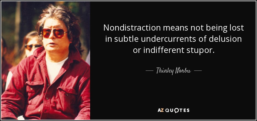 Nondistraction means not being lost in subtle undercurrents of delusion or indifferent stupor. - Thinley Norbu