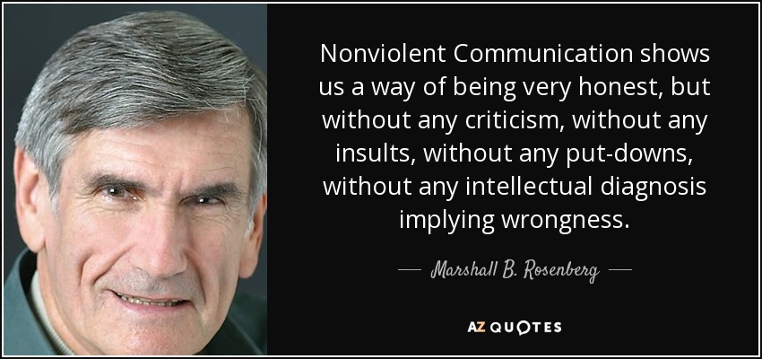 Nonviolent Communication shows us a way of being very honest, but without any criticism, without any insults, without any put-downs, without any intellectual diagnosis implying wrongness. - Marshall B. Rosenberg