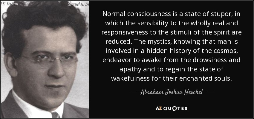 Normal consciousness is a state of stupor, in which the sensibility to the wholly real and responsiveness to the stimuli of the spirit are reduced. The mystics, knowing that man is involved in a hidden history of the cosmos, endeavor to awake from the drowsiness and apathy and to regain the state of wakefulness for their enchanted souls. - Abraham Joshua Heschel