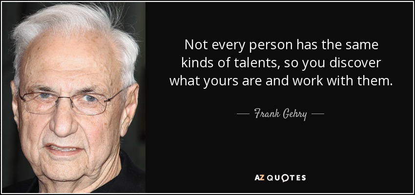 Not every person has the same kinds of talents, so you discover what yours are and work with them. - Frank Gehry