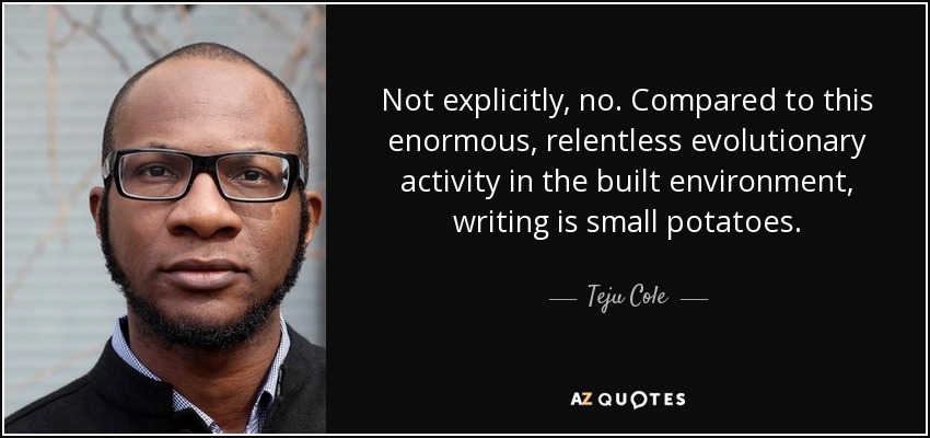 Not explicitly, no. Compared to this enormous, relentless evolutionary activity in the built environment, writing is small potatoes. - Teju Cole