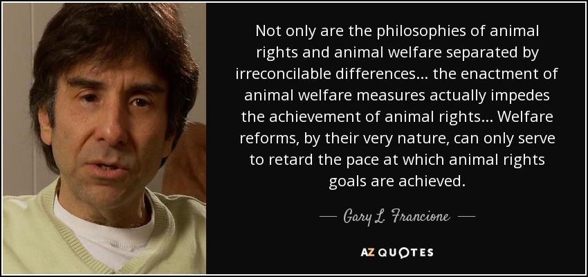 Not only are the philosophies of animal rights and animal welfare separated by irreconcilable differences... the enactment of animal welfare measures actually impedes the achievement of animal rights... Welfare reforms, by their very nature, can only serve to retard the pace at which animal rights goals are achieved. - Gary L. Francione