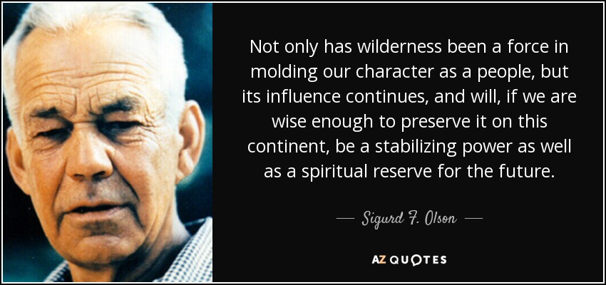 Not only has wilderness been a force in molding our character as a people, but its influence continues, and will, if we are wise enough to preserve it on this continent, be a stabilizing power as well as a spiritual reserve for the future. - Sigurd F. Olson