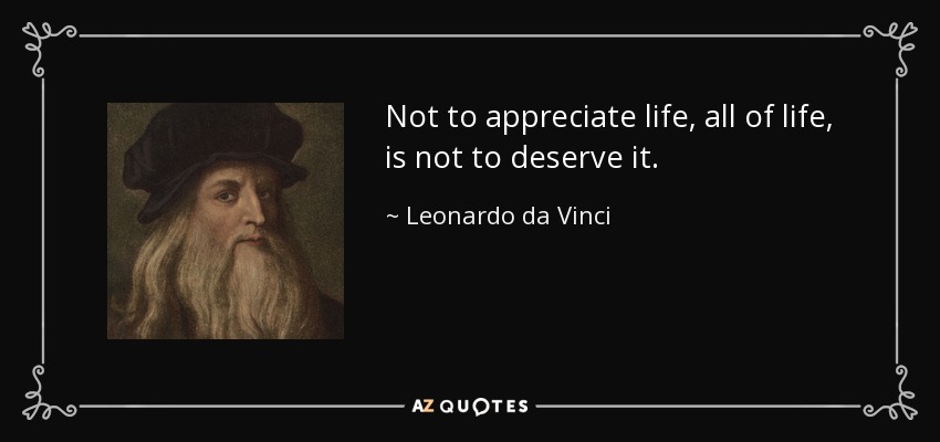 Not to appreciate life, all of life, is not to deserve it. - Leonardo da Vinci