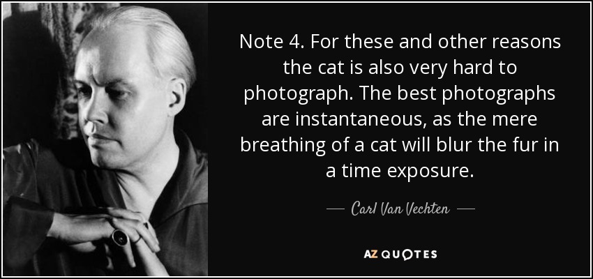 Note 4. For these and other reasons the cat is also very hard to photograph. The best photographs are instantaneous, as the mere breathing of a cat will blur the fur in a time exposure. - Carl Van Vechten