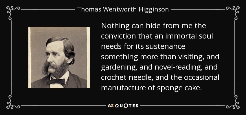 Nothing can hide from me the conviction that an immortal soul needs for its sustenance something more than visiting, and gardening, and novel-reading, and crochet-needle, and the occasional manufacture of sponge cake. - Thomas Wentworth Higginson