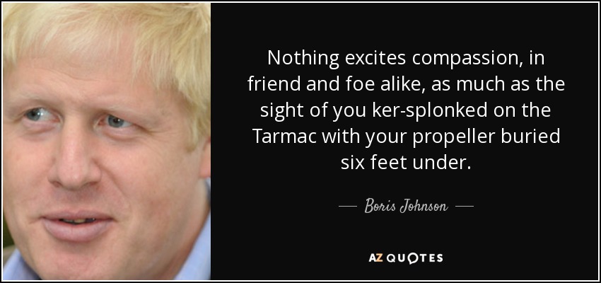 Nothing excites compassion, in friend and foe alike, as much as the sight of you ker-splonked on the Tarmac with your propeller buried six feet under. - Boris Johnson