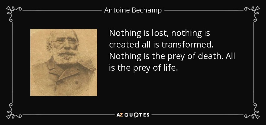 Nothing is lost, nothing is created all is transformed. Nothing is the prey of death. All is the prey of life. - Antoine Bechamp