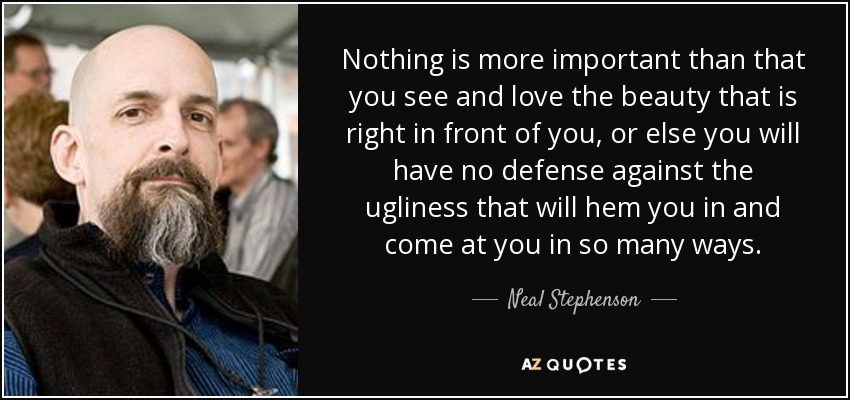 Nothing is more important than that you see and love the beauty that is right in front of you, or else you will have no defense against the ugliness that will hem you in and come at you in so many ways. - Neal Stephenson