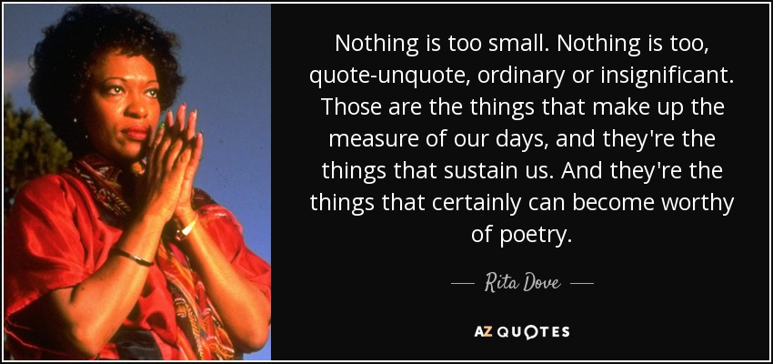 Nothing is too small. Nothing is too, quote-unquote, ordinary or insignificant. Those are the things that make up the measure of our days, and they're the things that sustain us. And they're the things that certainly can become worthy of poetry. - Rita Dove