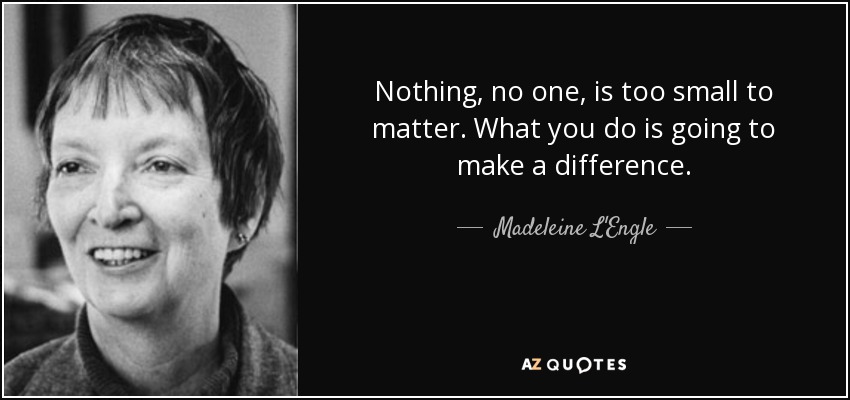 Nothing, no one, is too small to matter. What you do is going to make a difference. - Madeleine L'Engle